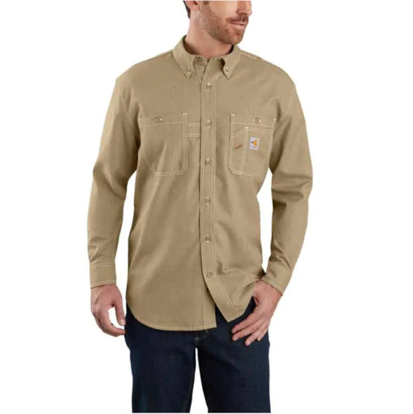 FR Carhartt Long-Sleeve Button Front Shirt in Dark Khaki